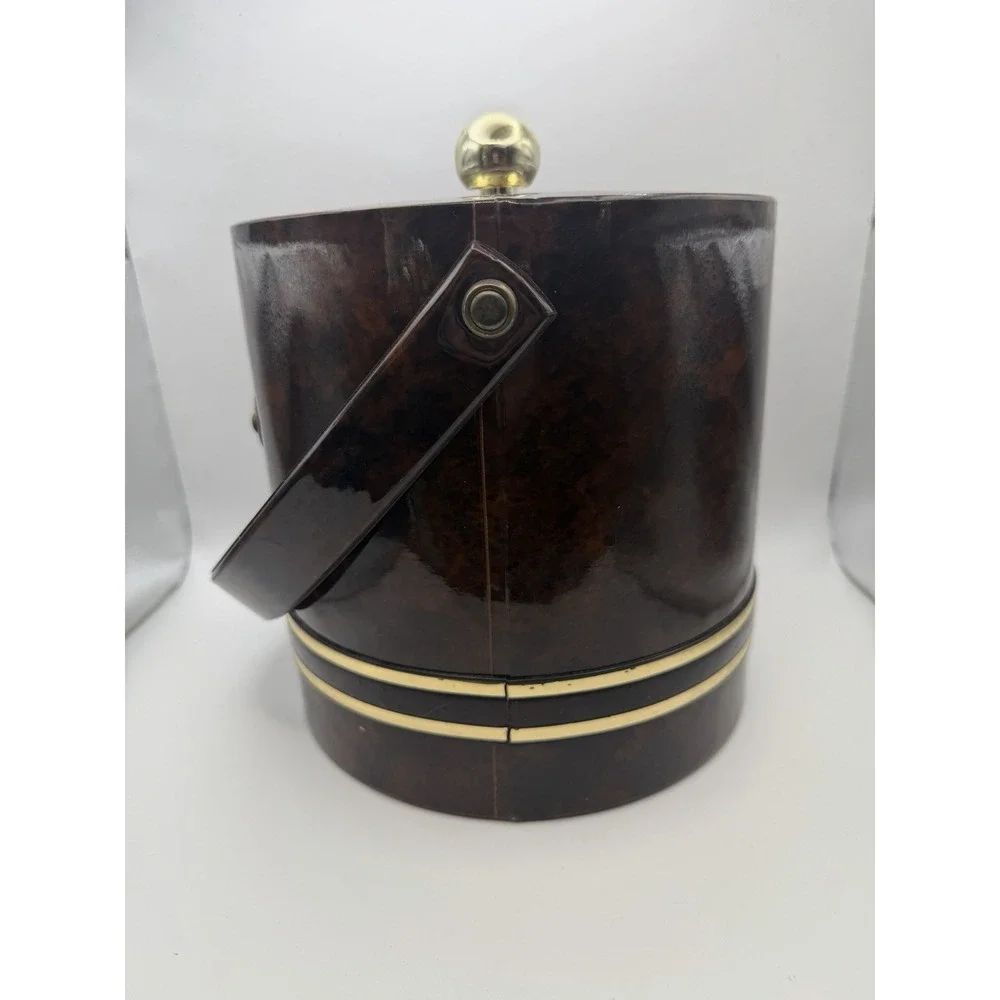 Vintage Faux Burl Wood Ice Bucket Brass Tone MCM Barware Vinyl Woodgrain